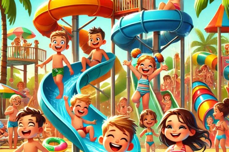 DALL·E 2025-03-27 00.11.03 – A cheerful summer scene of children’s vacation in Bulgaria, near the seaside. A colorful water park with tall water slides and happy children of diffe