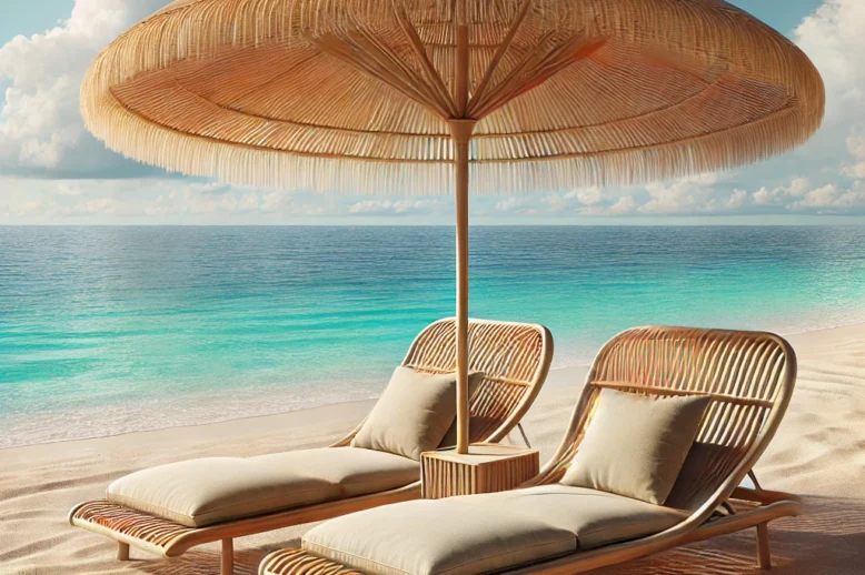DALL·E 2025-04-14 14.13.18 – A beautiful and serene beach scene designed for two to three people, featuring two elegant wooden sun loungers under a single large straw beach umbrel