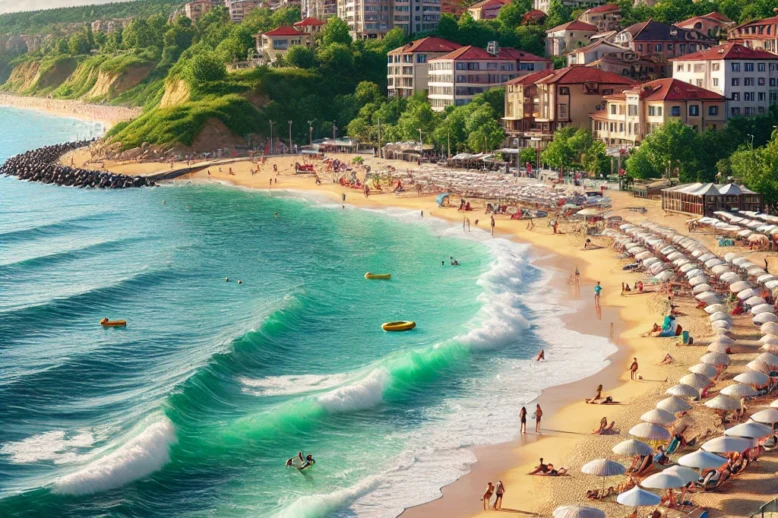 DALL·E 2025-04-17 11.45.16 – Photorealistic image of the Bulgarian Black Sea coast. A golden sandy beach with clear turquoise water, gentle waves washing ashore, and beach umbrell